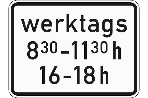 Zeichen 1042-32: Zeitliche Beschränkung (werktags 8:30 - 11:30 h, 16 - 18 h)