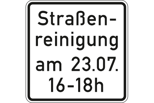 Zeichen 1042-50: Straßenreinigung (mit Zeit- und Datumsangabe)