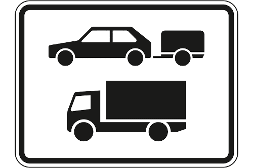 Zeichen 1048-20: Nur Personenkraftwagen mit Anhänger und Kraftfahrzeuge mit einer zulässigen Gesamtmasse über 3,5 t, einschließlich ihrer Anhänger, und Zugmaschinen, ausgenommen Personenkraftwagen und Kraftomnibusse
