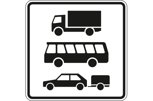 Zeichen 1049-13: Nur Lkw (Zeichen 1010-51), Kraftomnibus (Zeichen 1010-57) und Pkw mit Anhänger (Zeichen 1010-59)