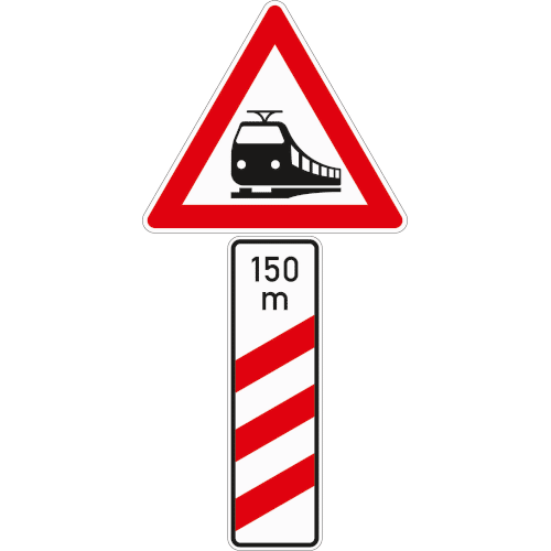 Zeichen 156-11: Bahnübergang mit dreistreifiger Bake mit Entfernungsangabe
