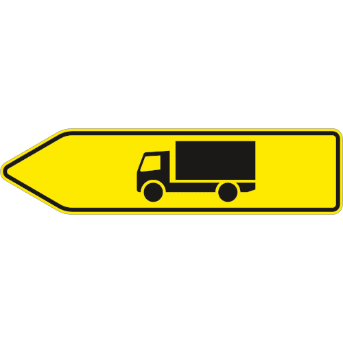 Zeichen 421-10: Pfeilwegweiser für bestimmte Verkehrsarten, KFZ mit einer zulässigen Gesamtmasse über 3,5 t - linksweisend