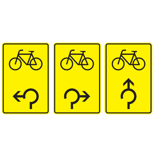 Zeichen 442-17, -27, -33: Radverkehr - im Kreisverkehr linksweisend, rechtsweisend und geradeaus (v. l. n. r.)