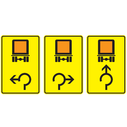 Zeichen 442-15, -25, -31: Kennzeichnungspflichtige Fahrzeuge mit gefährlichen Gütern - im Kreisverkehr linksweisend, rechtsweisend und geradeaus (v. l. n. r.)