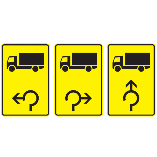 Zeichen 442-14, -24, -30: KFZ mit einer zulässigen Gesamtmasse über 3,5 t - im Kreisverkehr linksweisend, rechtsweisend und geradeaus (v. l. n. r.) 