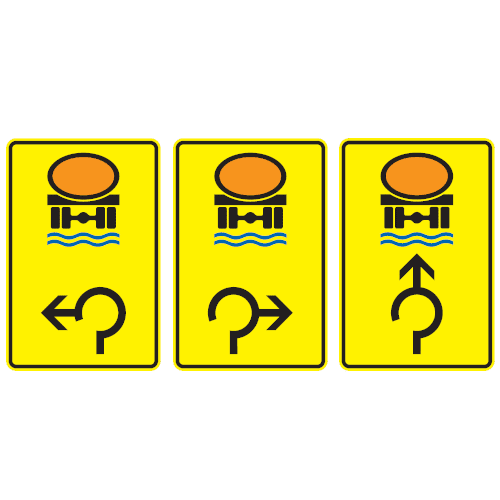 Zeichen 442-16, -26, -32: Fahrzeuge mit wassergefährdender Ladung - im Kreisverkehr linksweisend, rechtsweisend und geradeaus (v. l. n. r.)