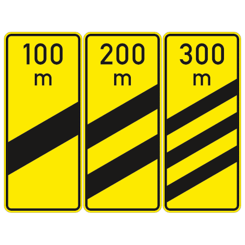 Zeichen 450-53, 450-54, 450-55: Ankündigungsbaken ein-, zwei- und dreistreifig in gelb