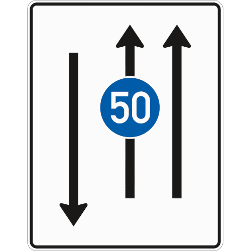Zeichen 526-31: Fahrstreifentafel - mit Gegenverkehr mit integriertem Zeichen 275 - 2-streifig in Fahrtrichtung und 1-streifig in Gegenrichtung