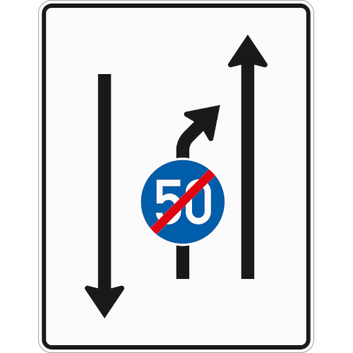 Zeichen 536-20: Einengungstafel - mit Gegenverkehr mit integriertem Zeichen 279 - Einzug links, noch 1 Fahrstreifen und 1 Fahrstreifen in Gegenrichtung