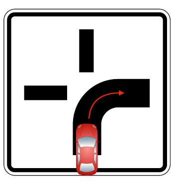 Abknickende Vorfahrt: Auto folgt dem Verlauf der Hauptstraße und hat Vorfahrt.