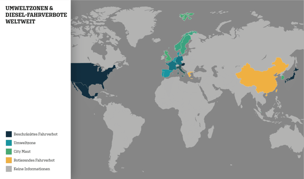 Diesel-Fahrverbot weltweit: Die Karte zeigt in welchen Ländern es gilt.