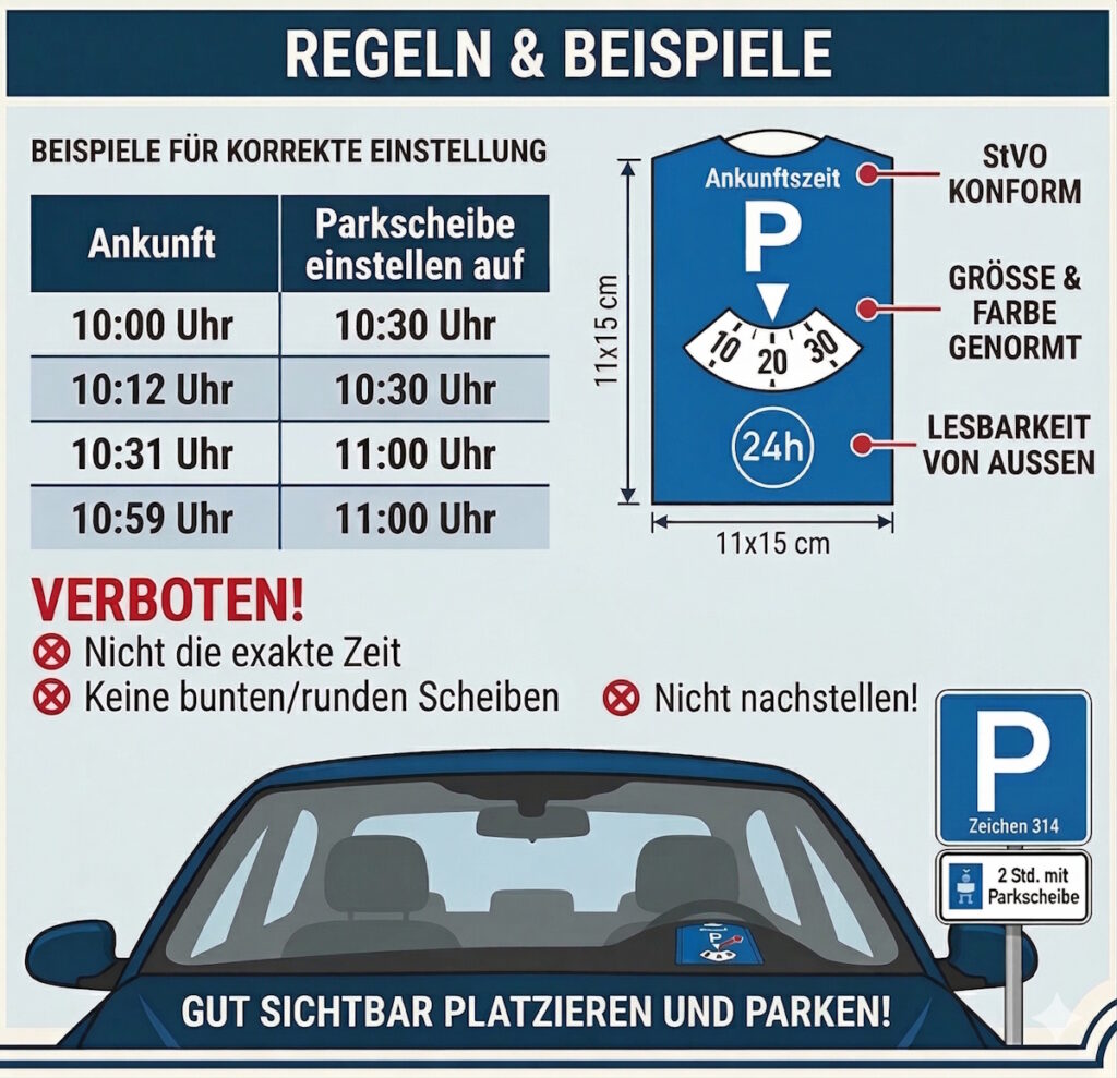 Grafik: Infos dazu, wie Sie die Parkscheibe richtig einstellen.