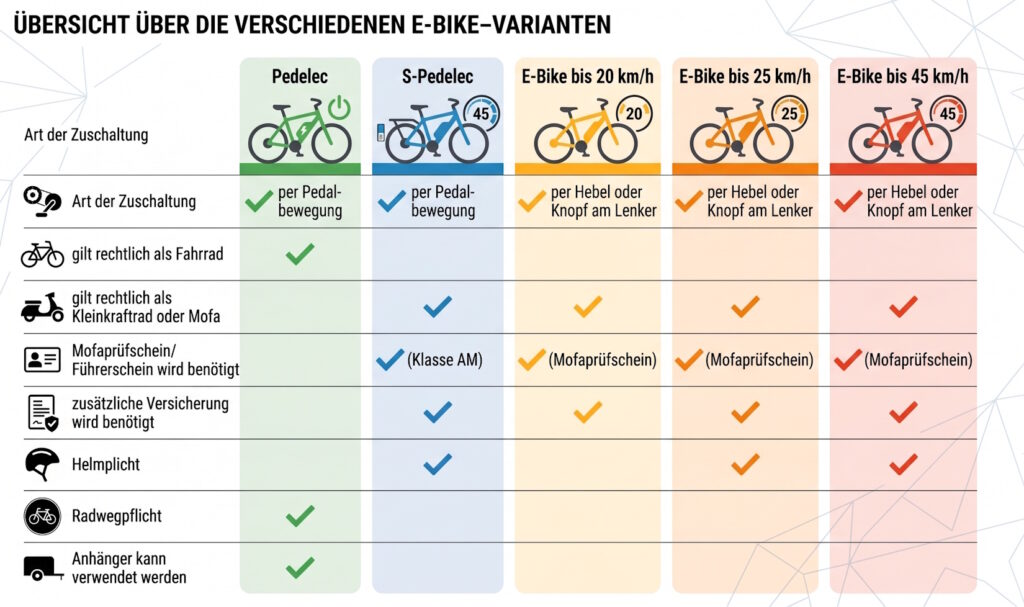Grafik;: Übersicht zu den Arten von E-Bikes.