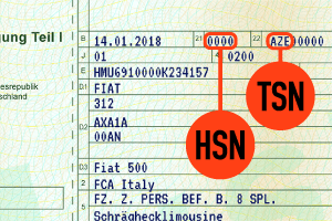 HSN- und TSN-Nummer sind im Fahrzeugschein zu finden.