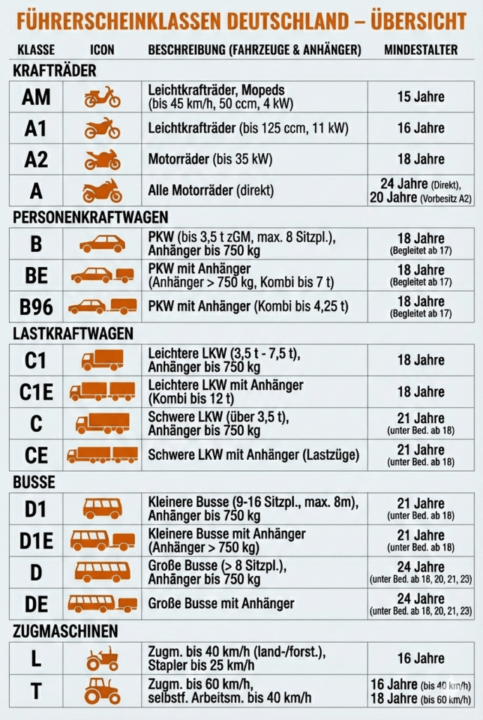 Infografik: die Führerscheinklassen im Überblick