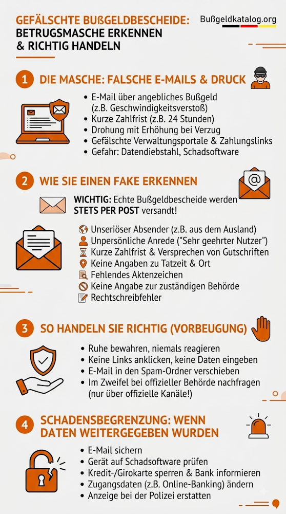 Unsere Infografik zeigt, wie ein gefälschter Bußgeldbescheid zu erkennen ist und was Empfänger beachten sollten.