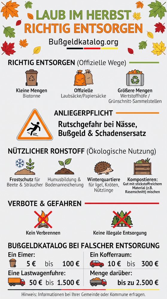 Unsere Infografik zeigt, wie Sie Laub richtig entsorgen und welche Bußgelder bei Verstößen drohen.