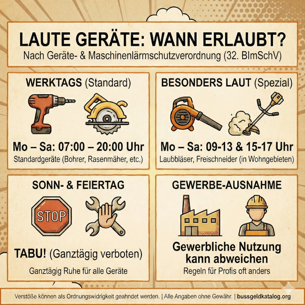 Infografik zum Lärmschutz: Wann sind laute Geräte wie Rasenmäher & Co erlaubt?