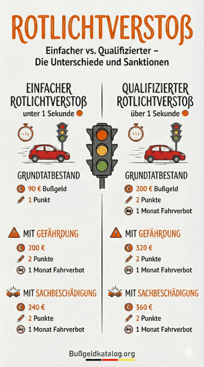 Infografik zum einfachen und qualifizierten Rotlichtverstoß inkl. Sanktionen (Bußgeld, Punkte, Fahrverbot)