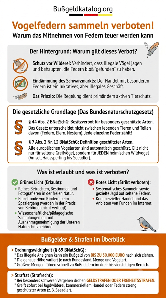 Unsere Infografik fasst zusammen: Vogelfedern zu sammeln, kann ein Bußgeld nach sich ziehen.
