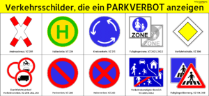 Diese Verkehrsschilder können ein Parkverbot anzeigen.